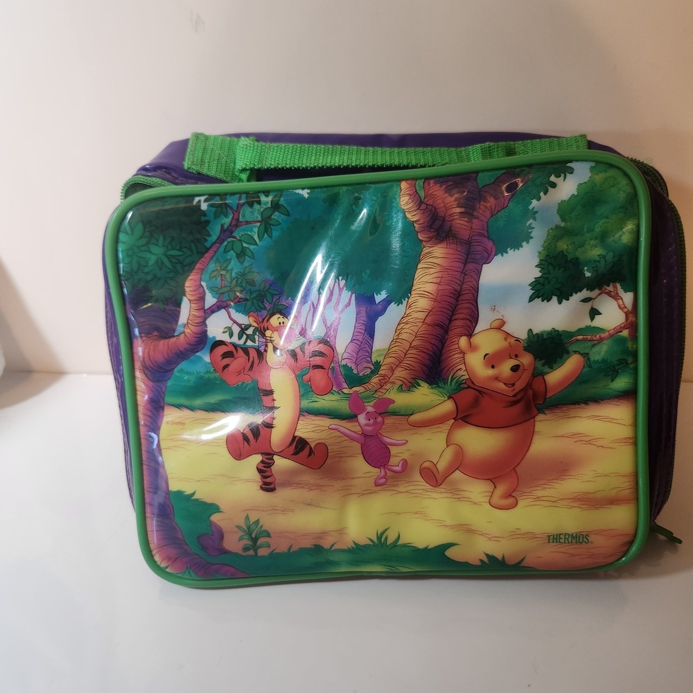 Vintage Winnie the Pooh Tigger Piglet Thermos Soft Lunch Box Purple Green Bag